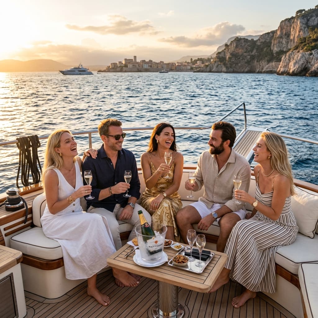 Group of friends enjoying drinks and celebrating together on the outdoor deck of a private yacht.