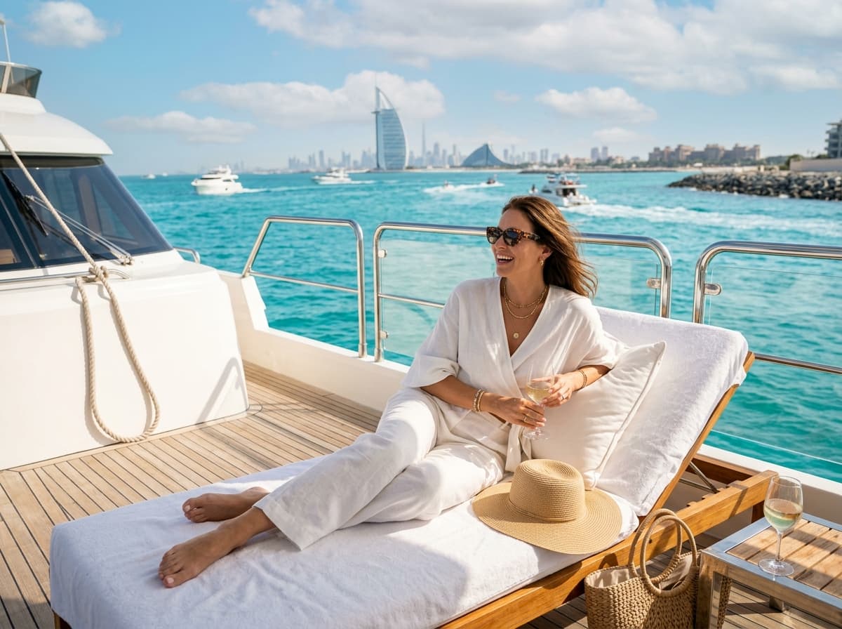 Guests enjoying relaxing views of the Dubai coastline on a luxury yacht charter